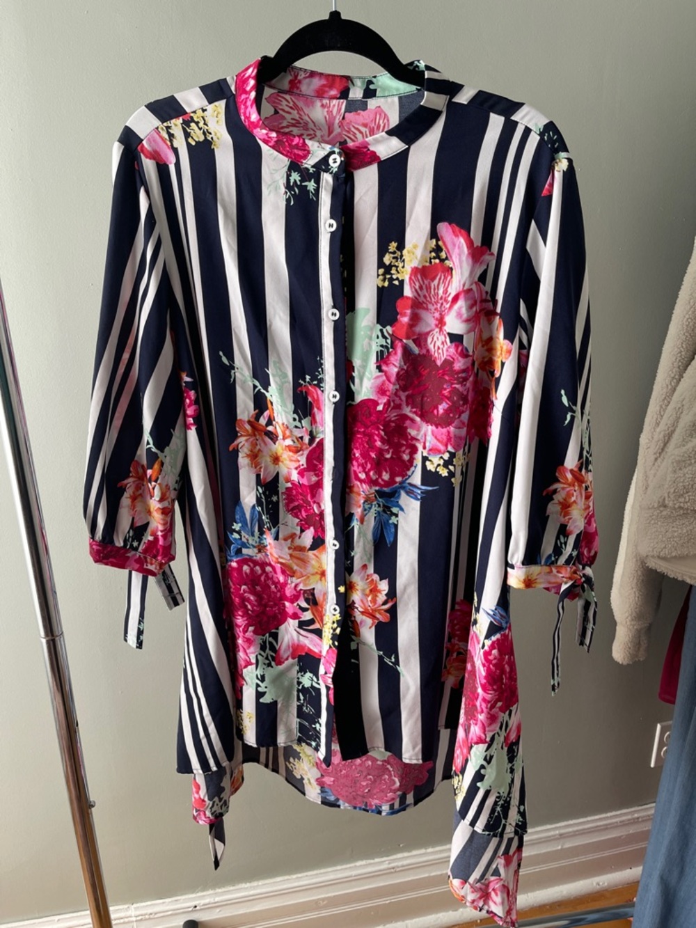 Women's Navy & White Stripe Floral Button-Up Top - Floral Pink Accent